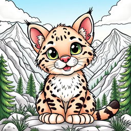 A cute wild wildcat coloring page featuring an adorable wildcat with big eyes, surrounded by a picturesque mountain landscape