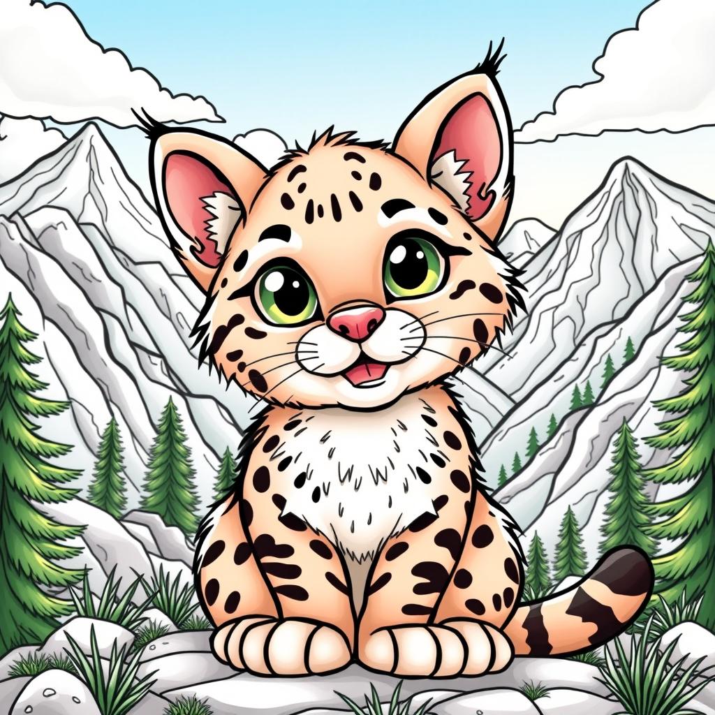 A cute wild wildcat coloring page featuring an adorable wildcat with big eyes, surrounded by a picturesque mountain landscape