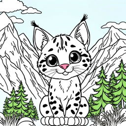 A cute wild wildcat coloring page featuring an adorable wildcat with big eyes, surrounded by a picturesque mountain landscape