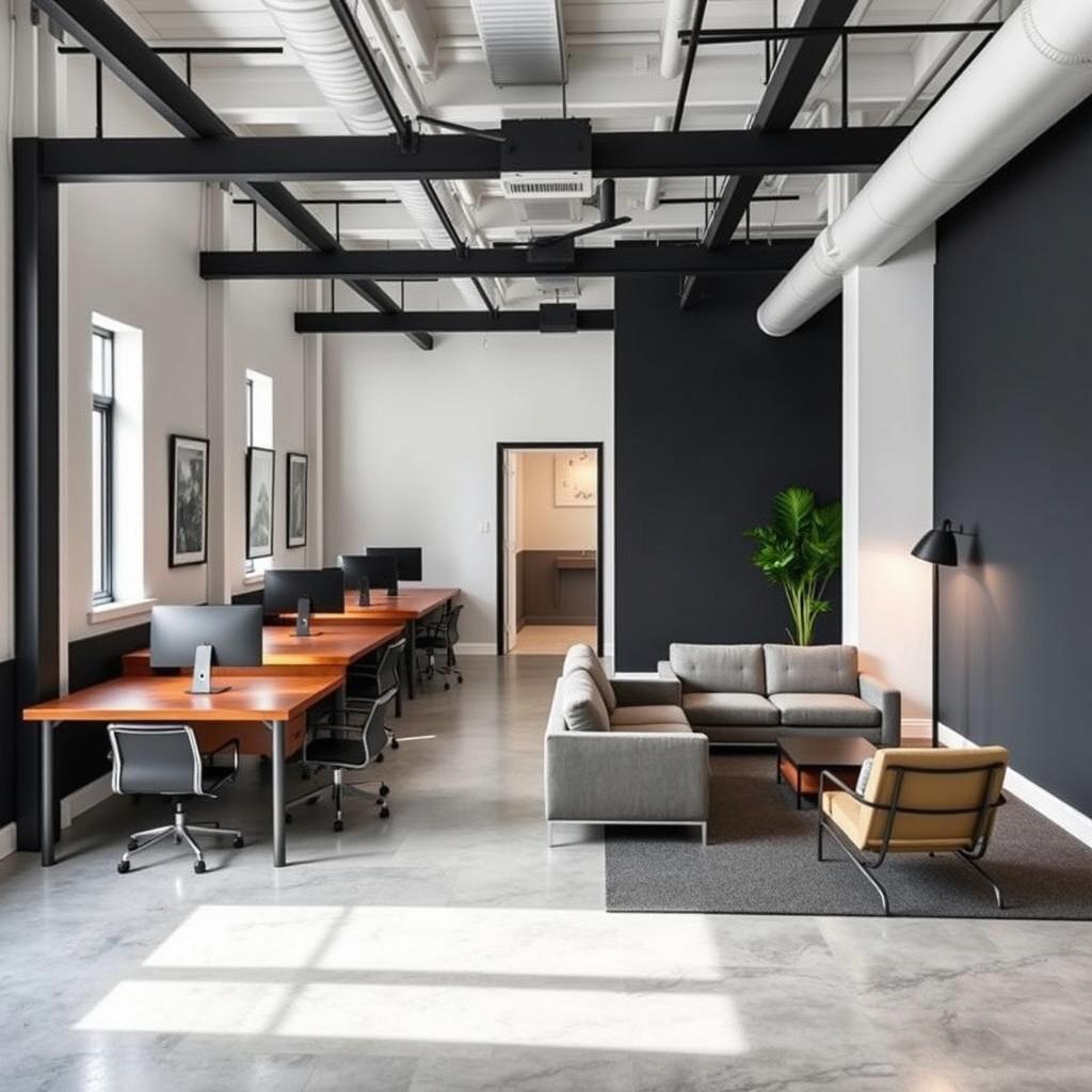 An industrial concept office space measuring 32 feet long and 15 feet wide, featuring six individual wooden desks for coworkers positioned at the front to facilitate client service