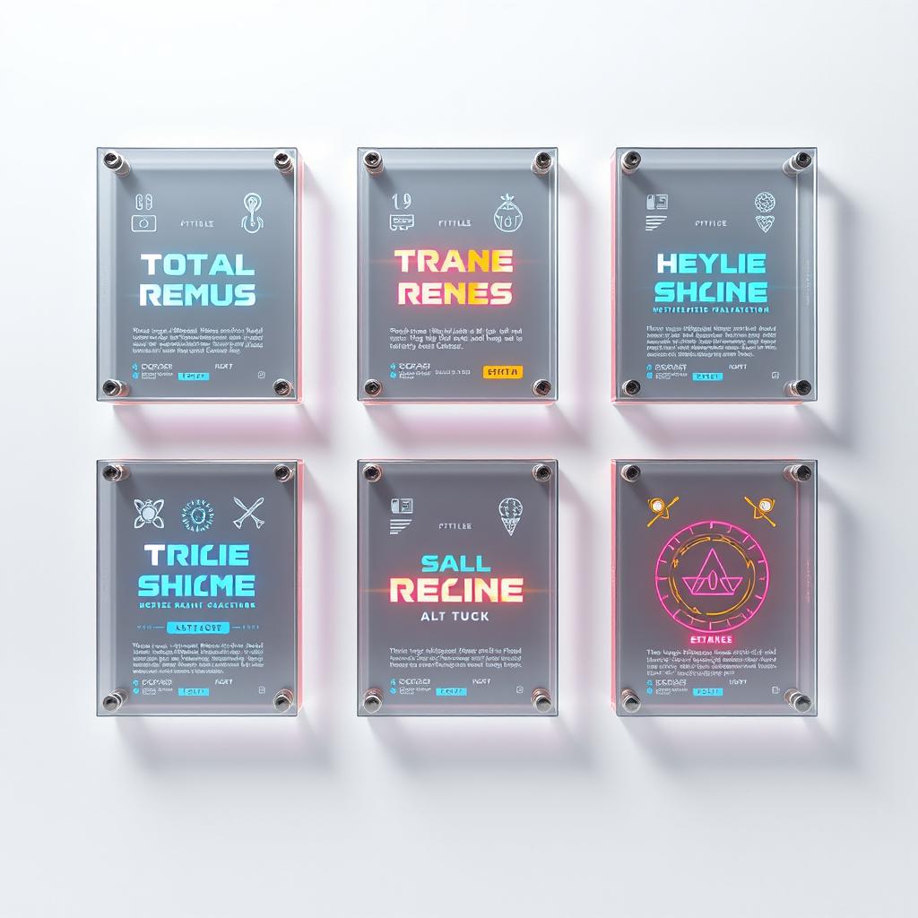 Six futuristic pixel art transparent glass cards, each encased in a sleek metallic silver frame, hovering elegantly over a blank background