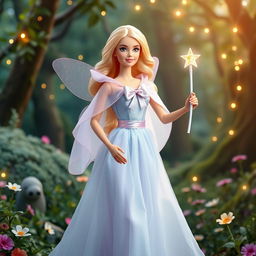 A magical scene featuring a fairy godmother Barbie radiating magic and kindness, wearing a long, flowing dress in light sky blue and lavender, made of an ethereal fabric that subtly sparkles with each movement