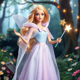 A magical scene featuring a fairy godmother Barbie radiating magic and kindness, wearing a long, flowing dress in light sky blue and lavender, made of an ethereal fabric that subtly sparkles with each movement