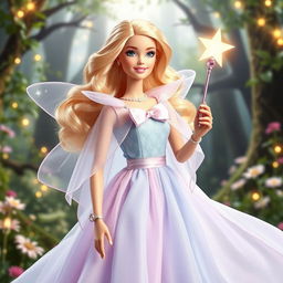 A magical scene featuring a fairy godmother Barbie radiating magic and kindness, wearing a long, flowing dress in light sky blue and lavender, made of an ethereal fabric that subtly sparkles with each movement