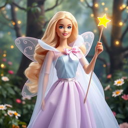A magical scene featuring a fairy godmother Barbie radiating magic and kindness, wearing a long, flowing dress in light sky blue and lavender, made of an ethereal fabric that subtly sparkles with each movement