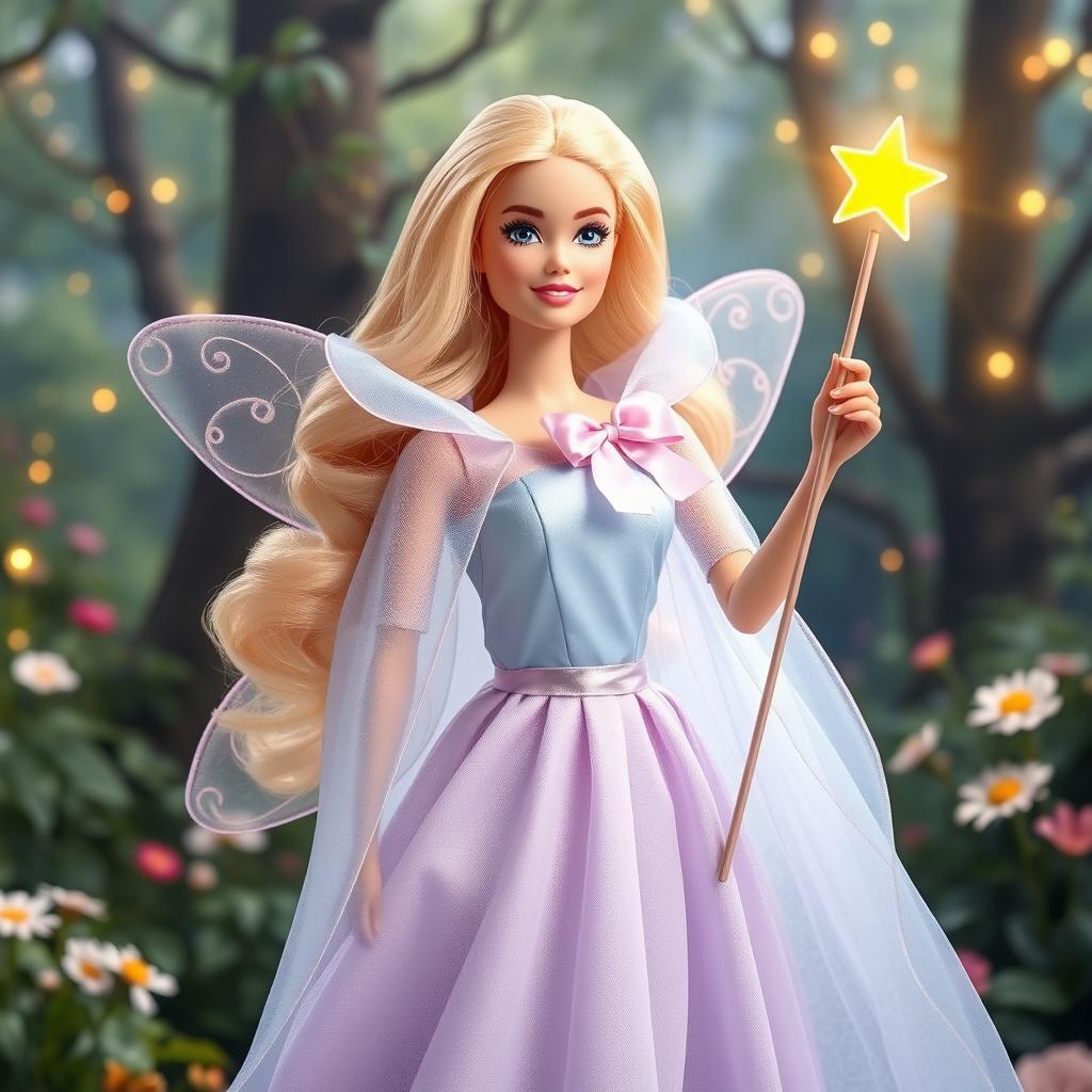 A magical scene featuring a fairy godmother Barbie radiating magic and kindness, wearing a long, flowing dress in light sky blue and lavender, made of an ethereal fabric that subtly sparkles with each movement