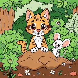A cute wildcat and a mouse playfully rising from the earth, surrounded by lush green bushes in a whimsical forest setting