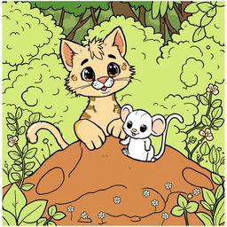 A cute wildcat and a mouse playfully rising from the earth, surrounded by lush green bushes in a whimsical forest setting
