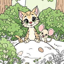A cute wildcat and a mouse playfully rising from the earth, surrounded by lush green bushes in a whimsical forest setting