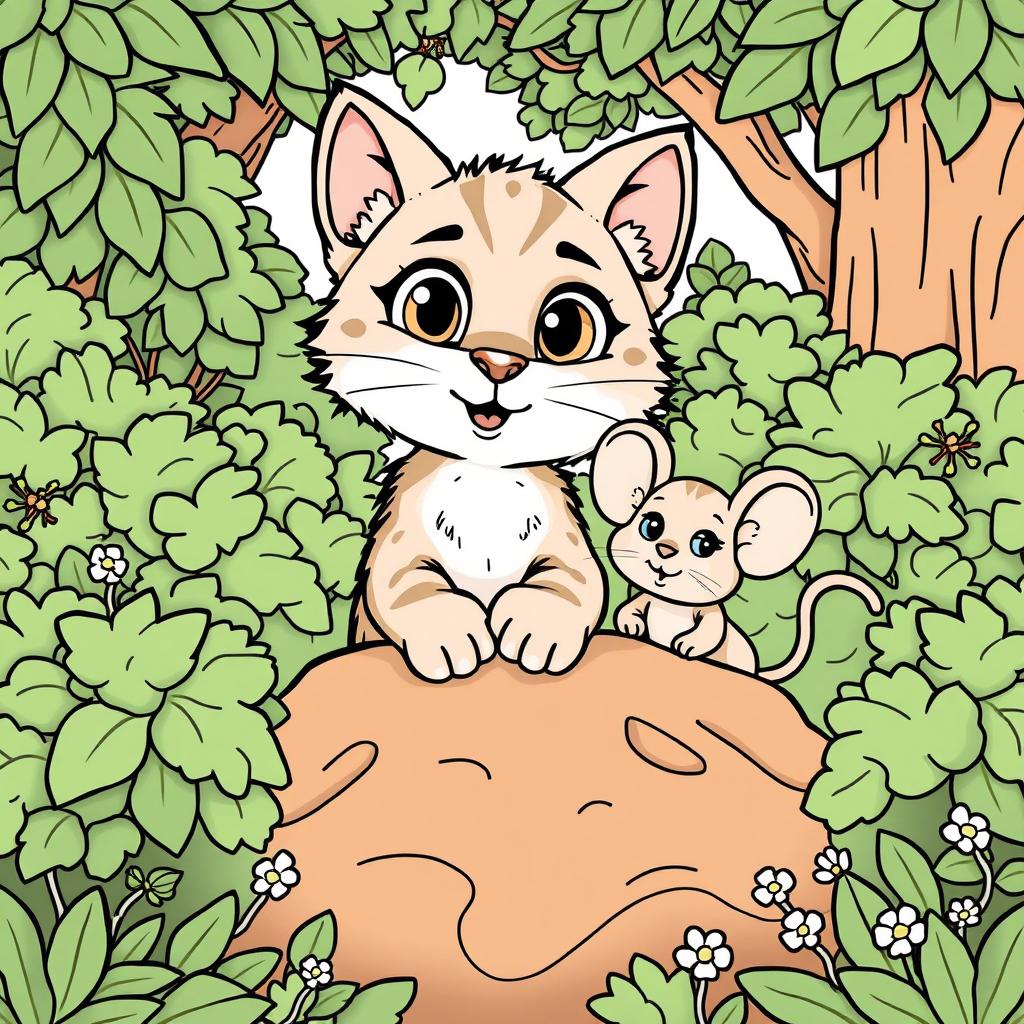 A cute wildcat and a mouse playfully rising from the earth, surrounded by lush green bushes in a whimsical forest setting