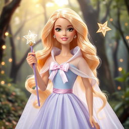 Barbie Hada Madrina radiating magic and kindness in a long, flowing dress in light sky blue and lavender, made of an ethereal fabric that subtly glimmers with every movement