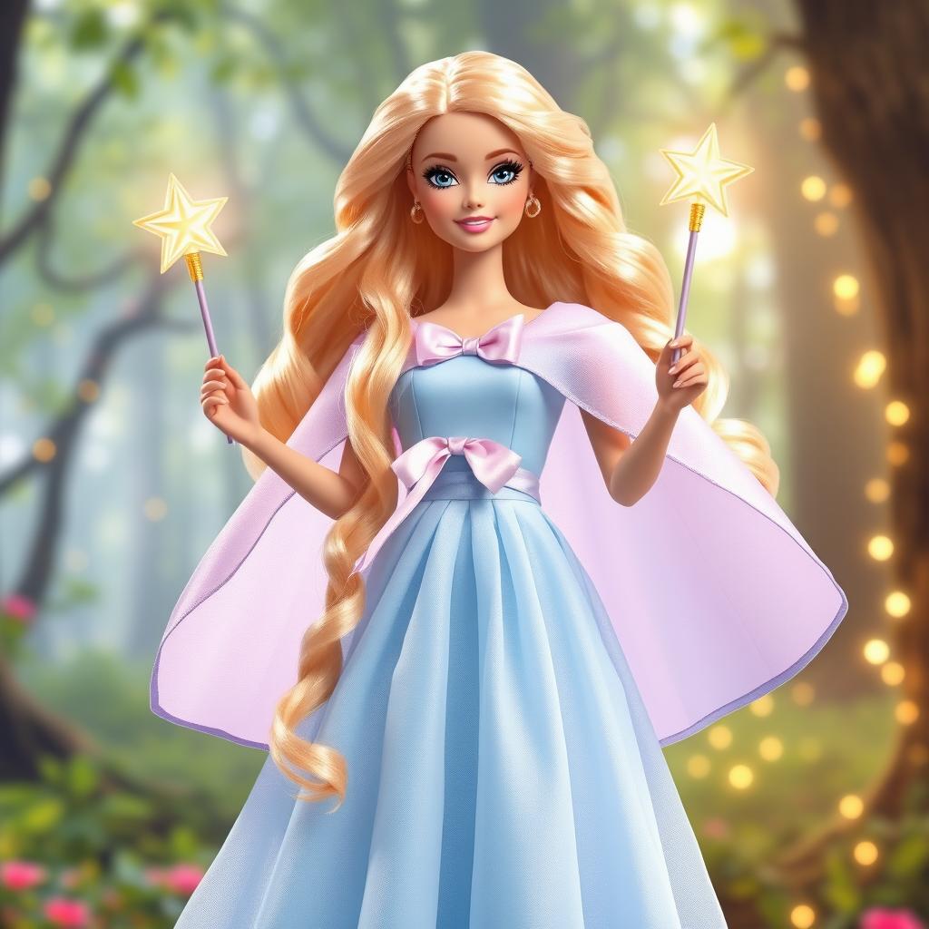 Barbie Hada Madrina radiating magic and kindness in a long, flowing dress in light sky blue and lavender, made of an ethereal fabric that subtly glimmers with every movement
