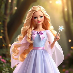 Barbie Hada Madrina radiating magic and kindness in a long, flowing dress in light sky blue and lavender, made of an ethereal fabric that subtly glimmers with every movement