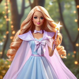 Barbie Hada Madrina radiating magic and kindness in a long, flowing dress in light sky blue and lavender, made of an ethereal fabric that subtly glimmers with every movement