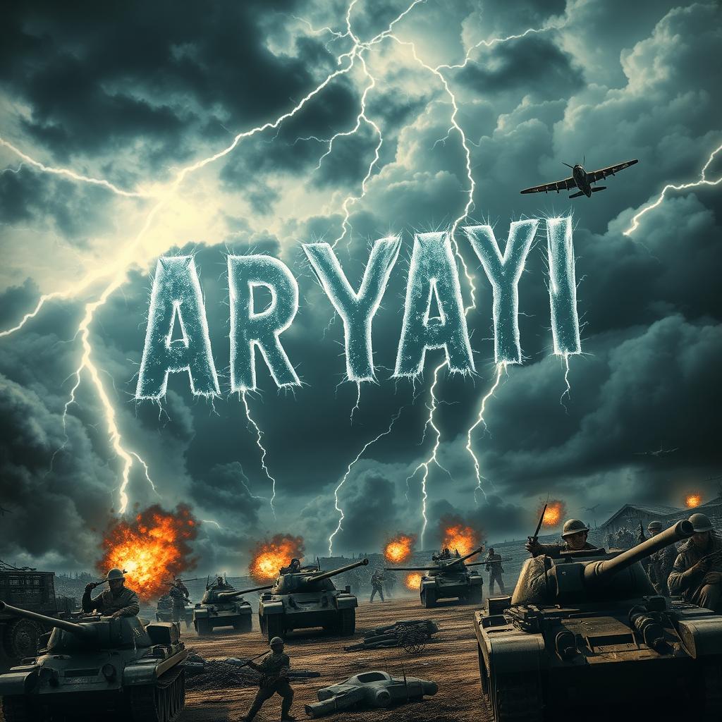 An epic scene depicting the Second World War, showcasing a tense battlefield with soldiers in classic military gear, tanks, and warplanes in action