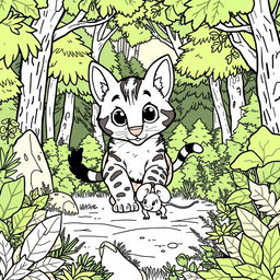 A cute wild wildcat playfully chasing a small wild mouse, beautifully illustrated as a coloring page