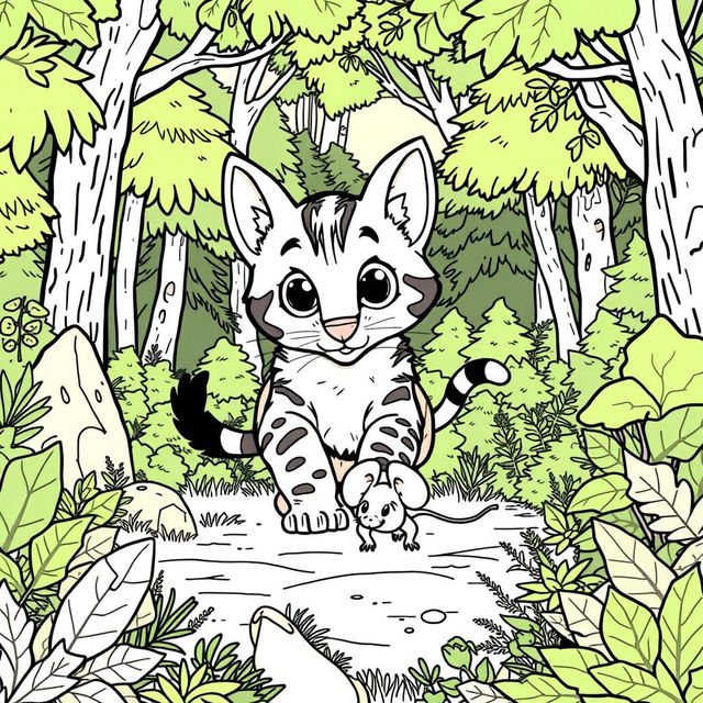 A cute wild wildcat playfully chasing a small wild mouse, beautifully illustrated as a coloring page