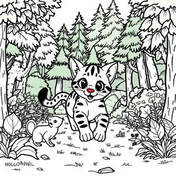 A cute wild wildcat playfully chasing a small wild mouse, beautifully illustrated as a coloring page