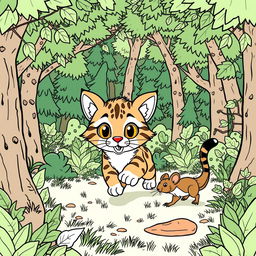 A cute wild wildcat playfully chasing a small wild mouse, beautifully illustrated as a coloring page