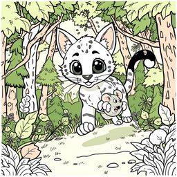 A cute wild wildcat playfully chasing a small wild mouse, beautifully illustrated as a coloring page