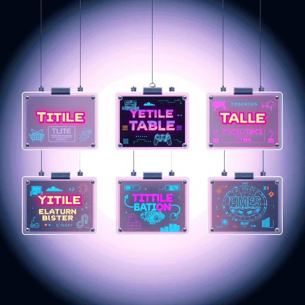 Six pixel art futuristic transparent glass cyberpunk cards, each stylishly framed in a metallic silver frame, hovering gracefully over a blank background
