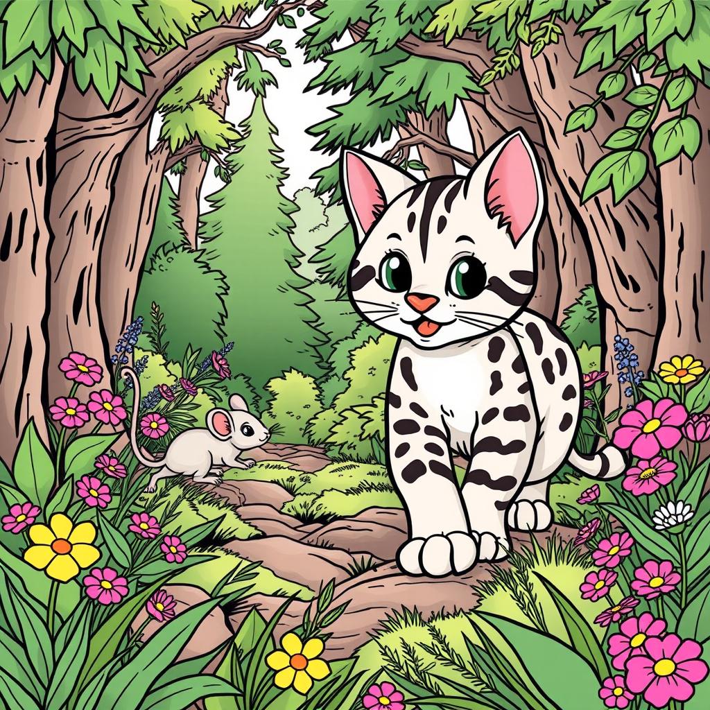 A cute wild cat, resembling a wildcat, playfully chasing a wild mouse from a distance