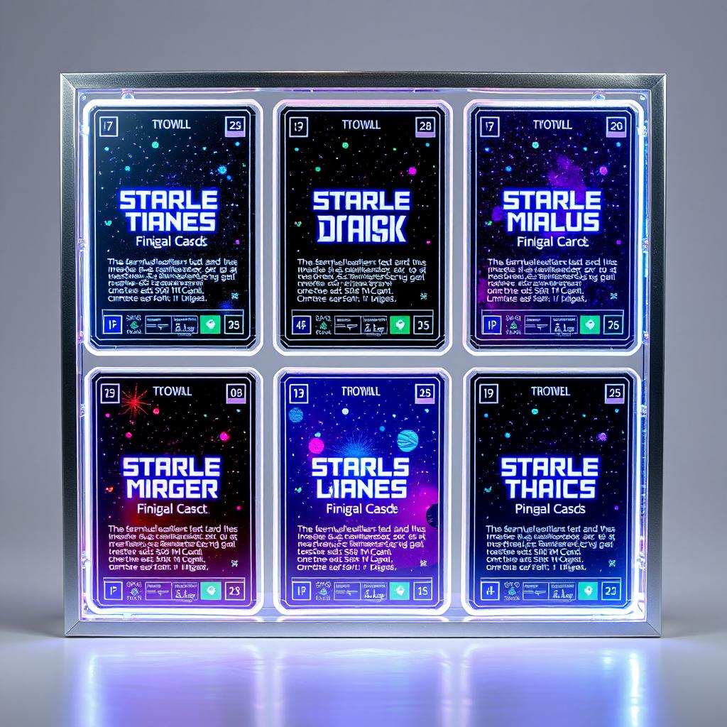 Six pixel art futuristic transparent glass space Trading Card Game (TCG) cards, each exquisitely framed in a metallic silver border, elegantly hovering over a blank background