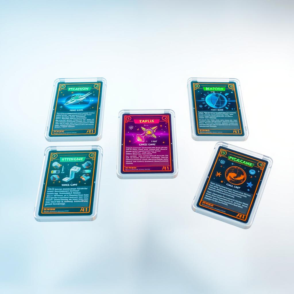 Six pixel art transparent glass space Trading Card Game (TCG) cards, each set in a sleek futuristic metal frame, gracefully hovering over a blank background