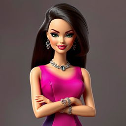 A Disney-style Barbie wearing a fitted designer dress with exaggerated color combinations and ostentatious metallic accessories