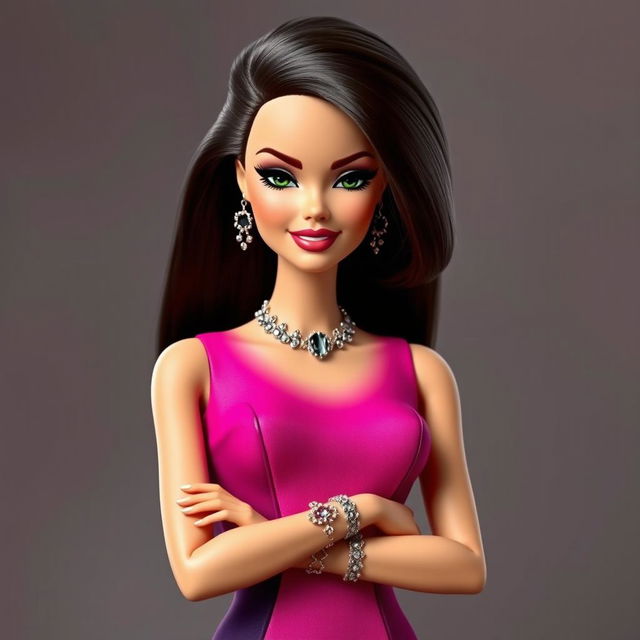 A Disney-style Barbie wearing a fitted designer dress with exaggerated color combinations and ostentatious metallic accessories