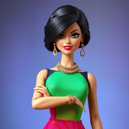 A Disney-style Barbie wearing a fitted designer dress with exaggerated color combinations and ostentatious metallic accessories
