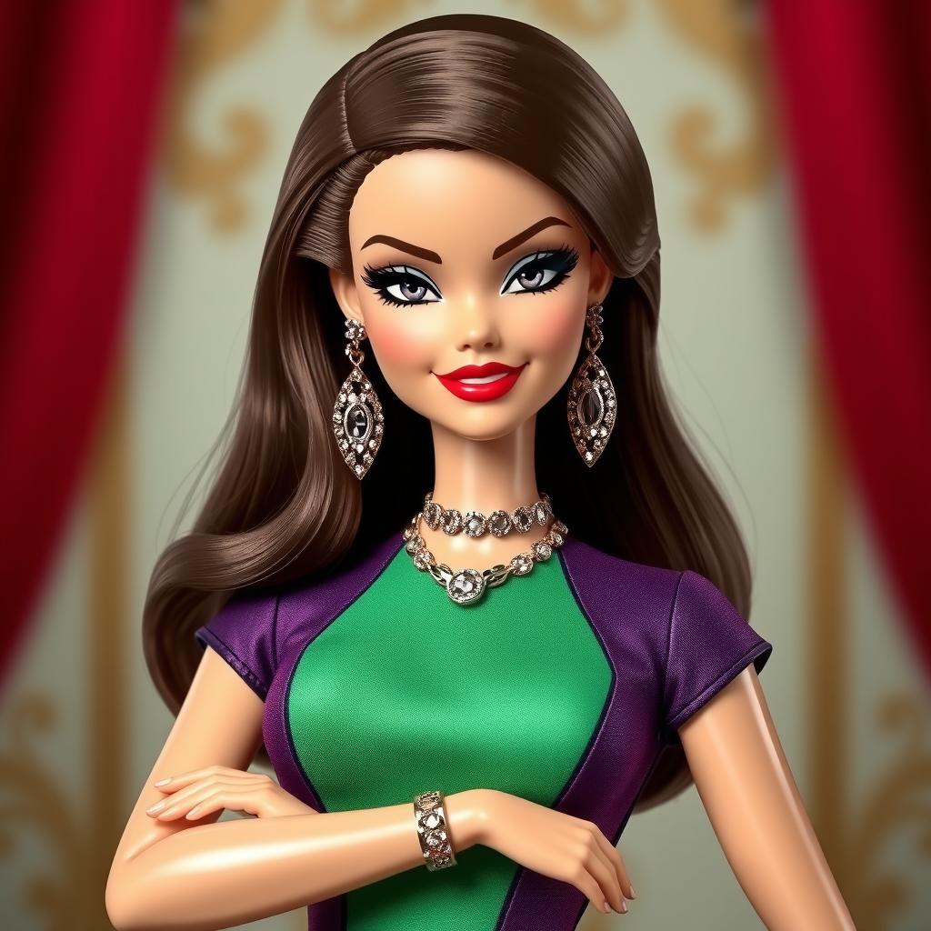 A Disney-style Barbie wearing a fitted designer dress with exaggerated color combinations and ostentatious metallic accessories