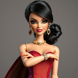 A Disney-style Barbie wearing a fitted designer dress with exaggerated color combinations and ostentatious metallic accessories