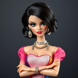 A Disney-style Barbie wearing a designer fitted dress adorned with exaggerated color combinations and ostentatious metallic accessories