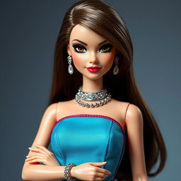 A Disney-style Barbie wearing a designer fitted dress adorned with exaggerated color combinations and ostentatious metallic accessories