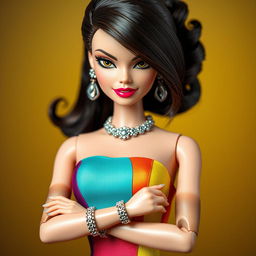 A Disney-style Barbie wearing a designer fitted dress adorned with exaggerated color combinations and ostentatious metallic accessories