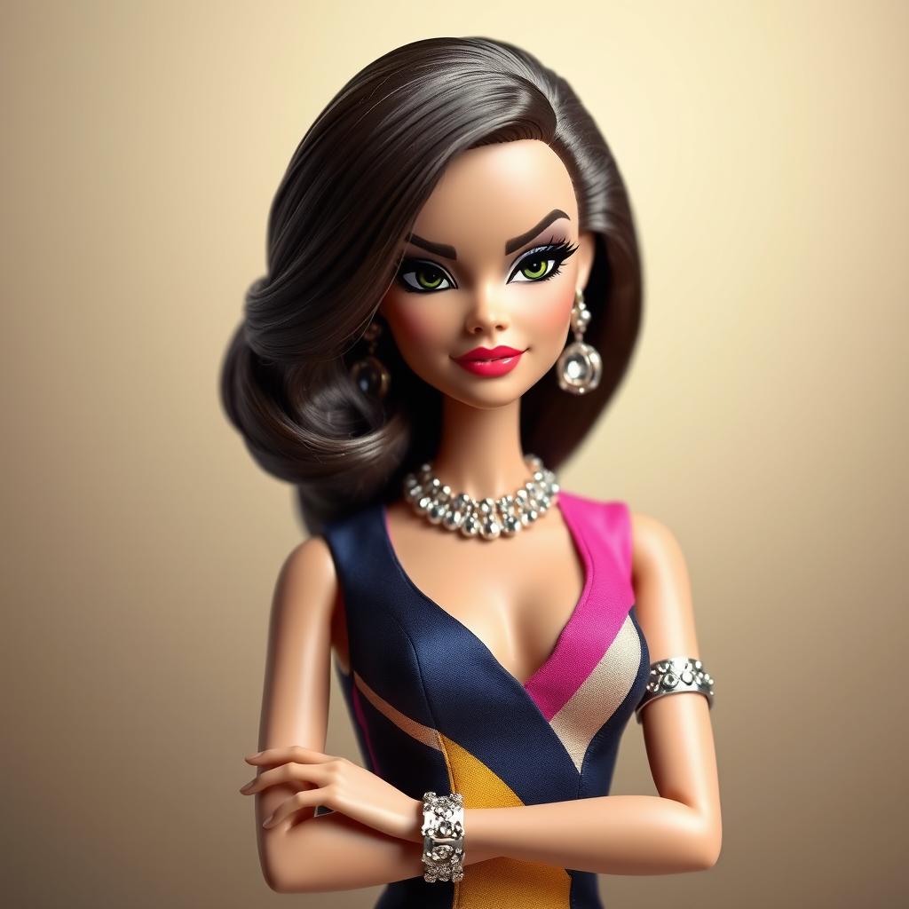A Disney-style Barbie wearing a designer fitted dress adorned with exaggerated color combinations and ostentatious metallic accessories