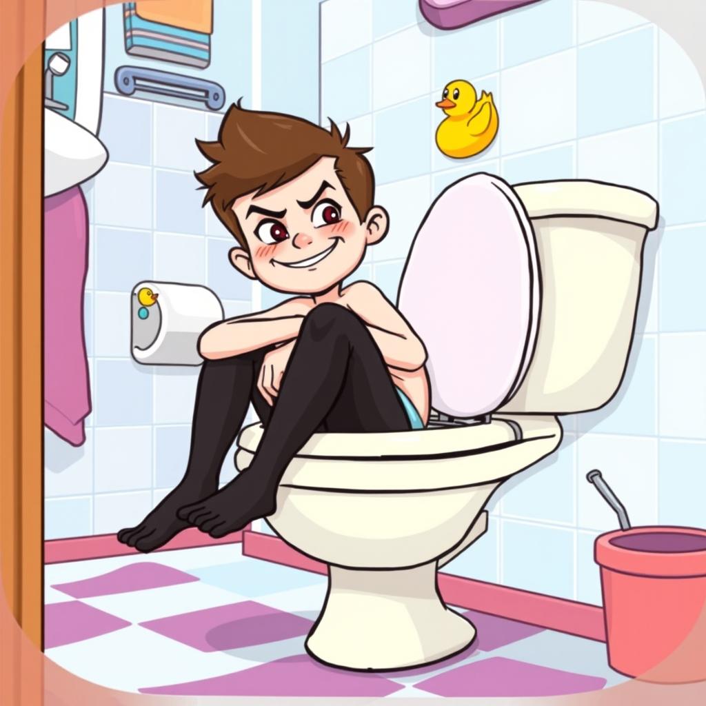 A stylized illustration of a young boy with a mischievous smile, wearing black tights, sitting comfortably on a toilet in a cartoonish bathroom setting