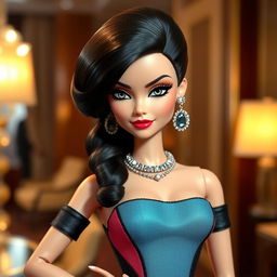 A Disney-style Barbie wearing a form-fitting designer dress with exaggerated color combinations and ostentatious accessories in metallic tones