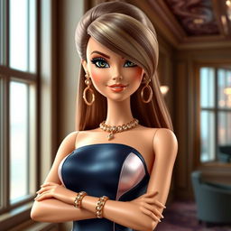 A Disney-style Barbie wearing a form-fitting designer dress with exaggerated color combinations and ostentatious accessories in metallic tones