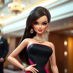 A Disney-style Barbie wearing a form-fitting designer dress with exaggerated color combinations and ostentatious accessories in metallic tones