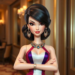A Disney-style Barbie wearing a form-fitting designer dress with exaggerated color combinations and ostentatious accessories in metallic tones