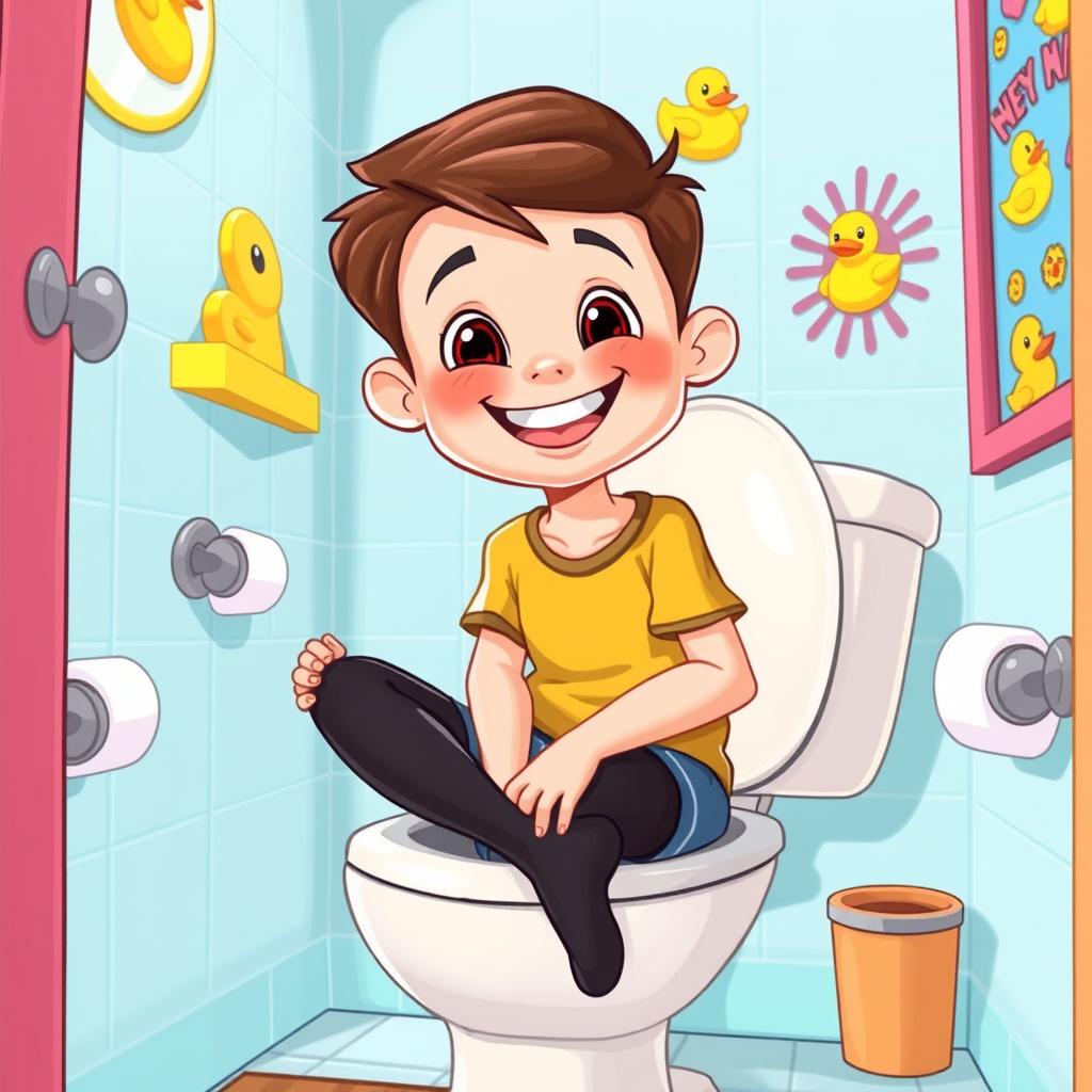A playful and colorful cartoon illustration of a young boy, about 12 years old, wearing black tights, sitting on a toilet with a cheerful expression