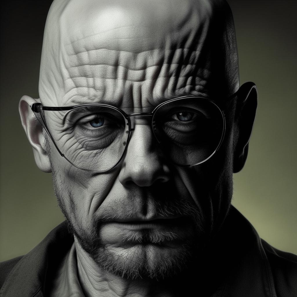 A detailed portrait of Walter White, the iconic character from Breaking Bad, with his signature glasses, bald head, and intense gaze.