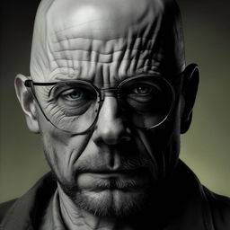 A detailed portrait of Walter White, the iconic character from Breaking Bad, with his signature glasses, bald head, and intense gaze.