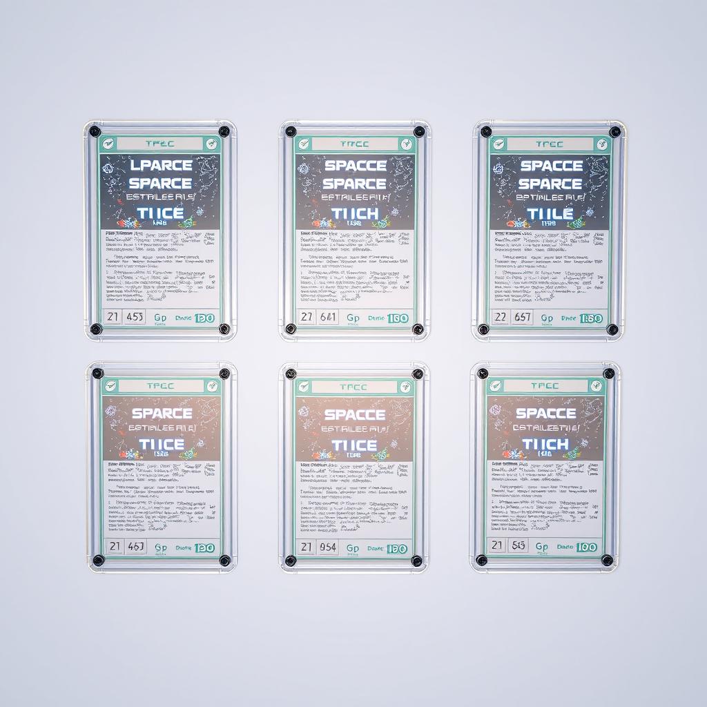 Six pixel art transparent space Trading Card Game (TCG) cards, each elegantly set in a sleek futuristic metal frame, hovering above a blank background