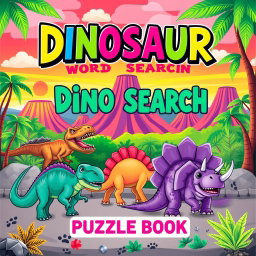 An eye-catching cover design for a 'Dinosaur Word Search Puzzle Book'