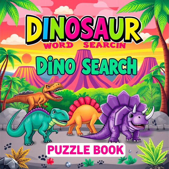 An eye-catching cover design for a 'Dinosaur Word Search Puzzle Book'