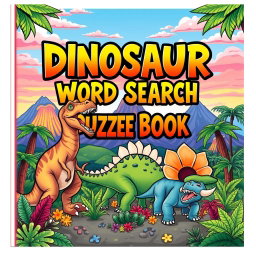 An eye-catching cover design for a 'Dinosaur Word Search Puzzle Book'