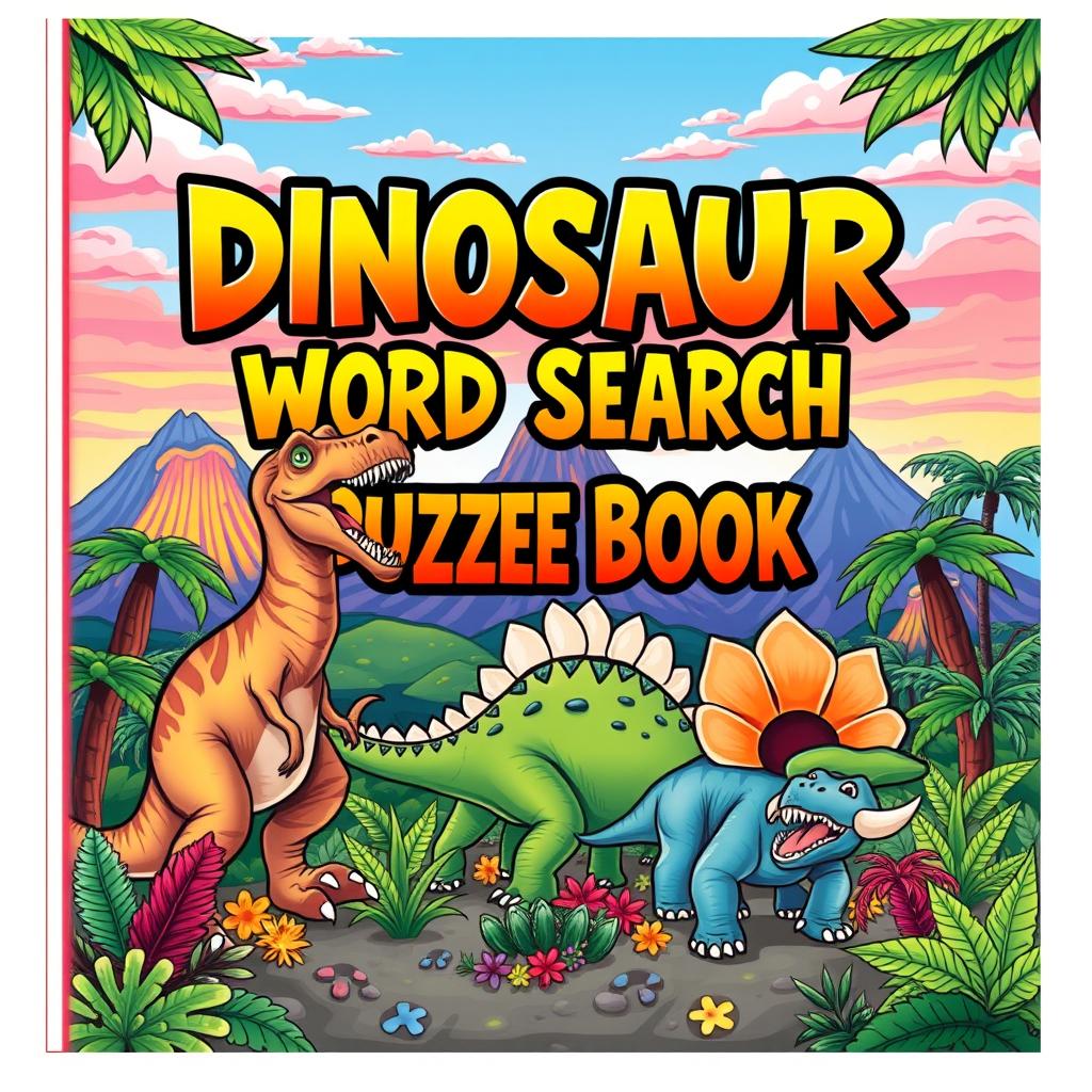 An eye-catching cover design for a 'Dinosaur Word Search Puzzle Book'